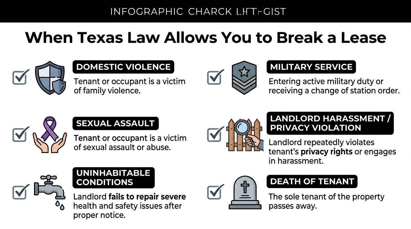 An infographic titled When Texas Law Allows You to Break a Lease listing six legal reasons.