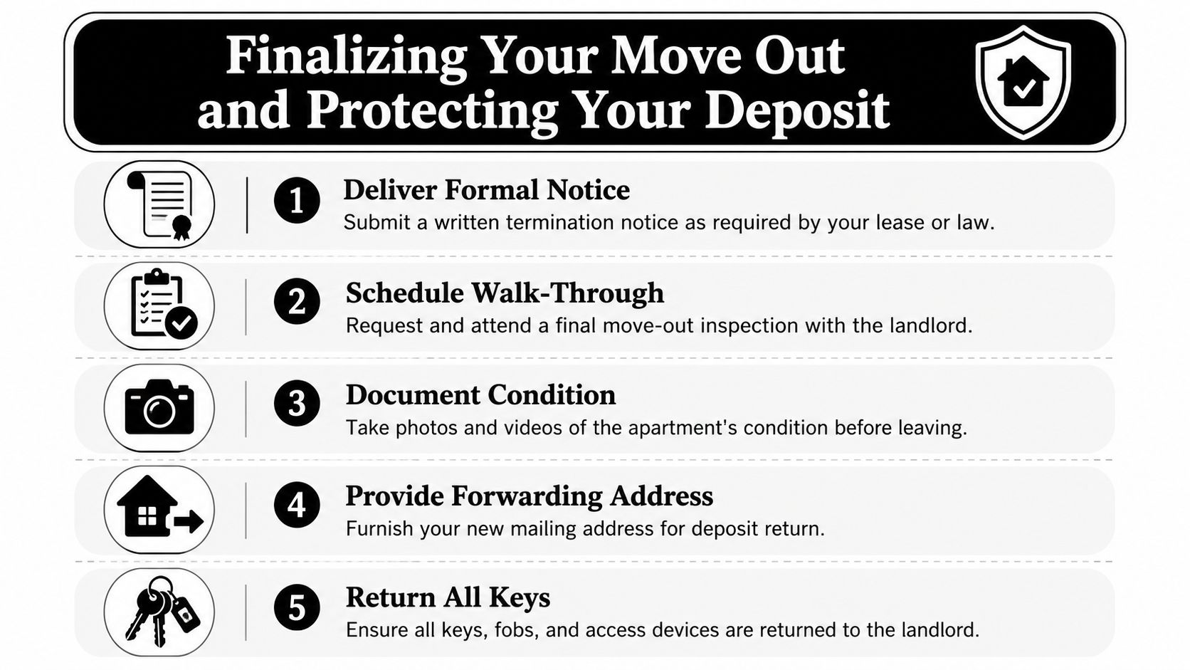 An infographic titled Finalizing Your Move Out and Protecting Your Deposit with five numbered steps for renters.