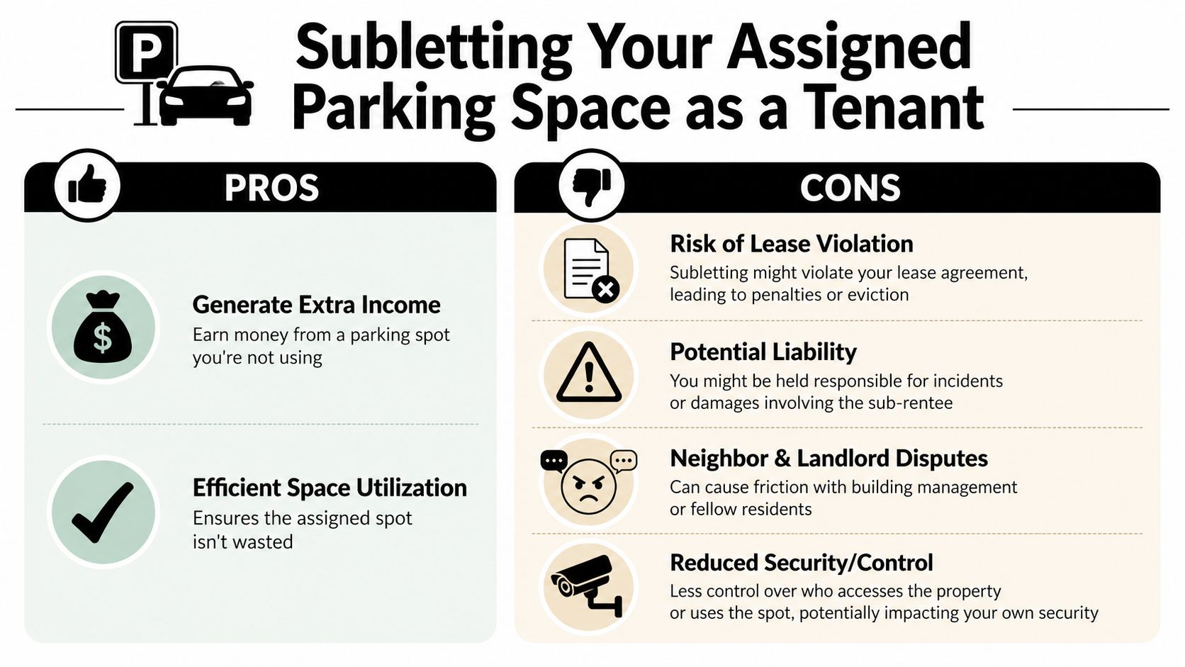 An infographic titled Subletting Your Assigned Parking Space as a Tenant detailing the pros and cons.