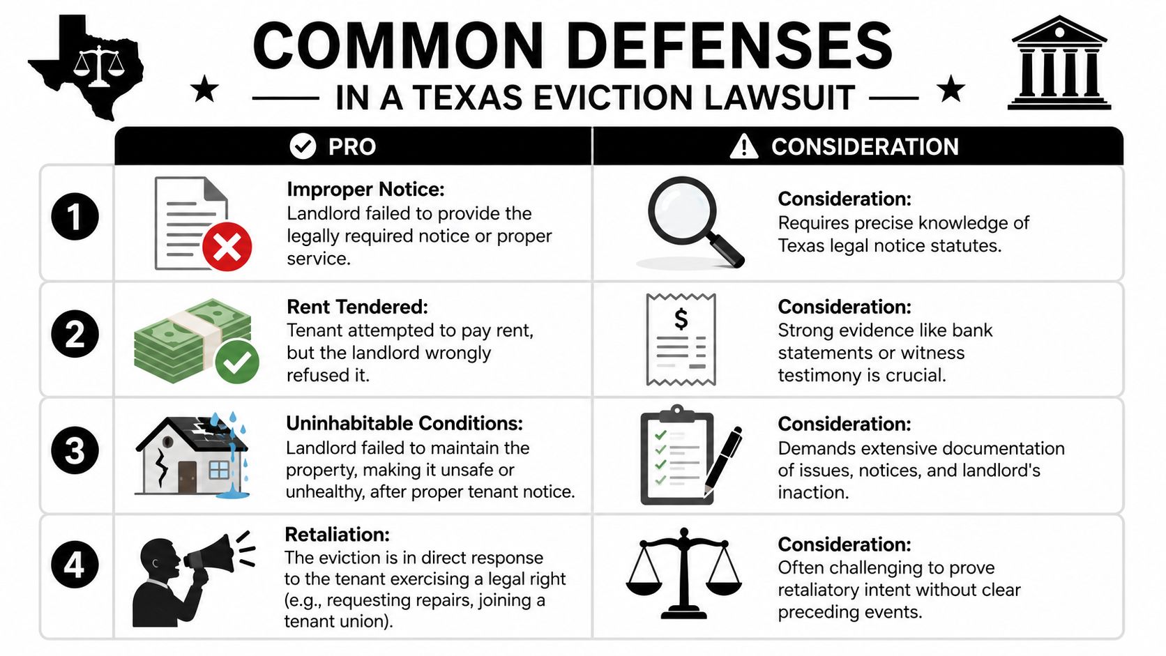 A chart listing four common legal defenses for tenants facing an eviction lawsuit in Texas.