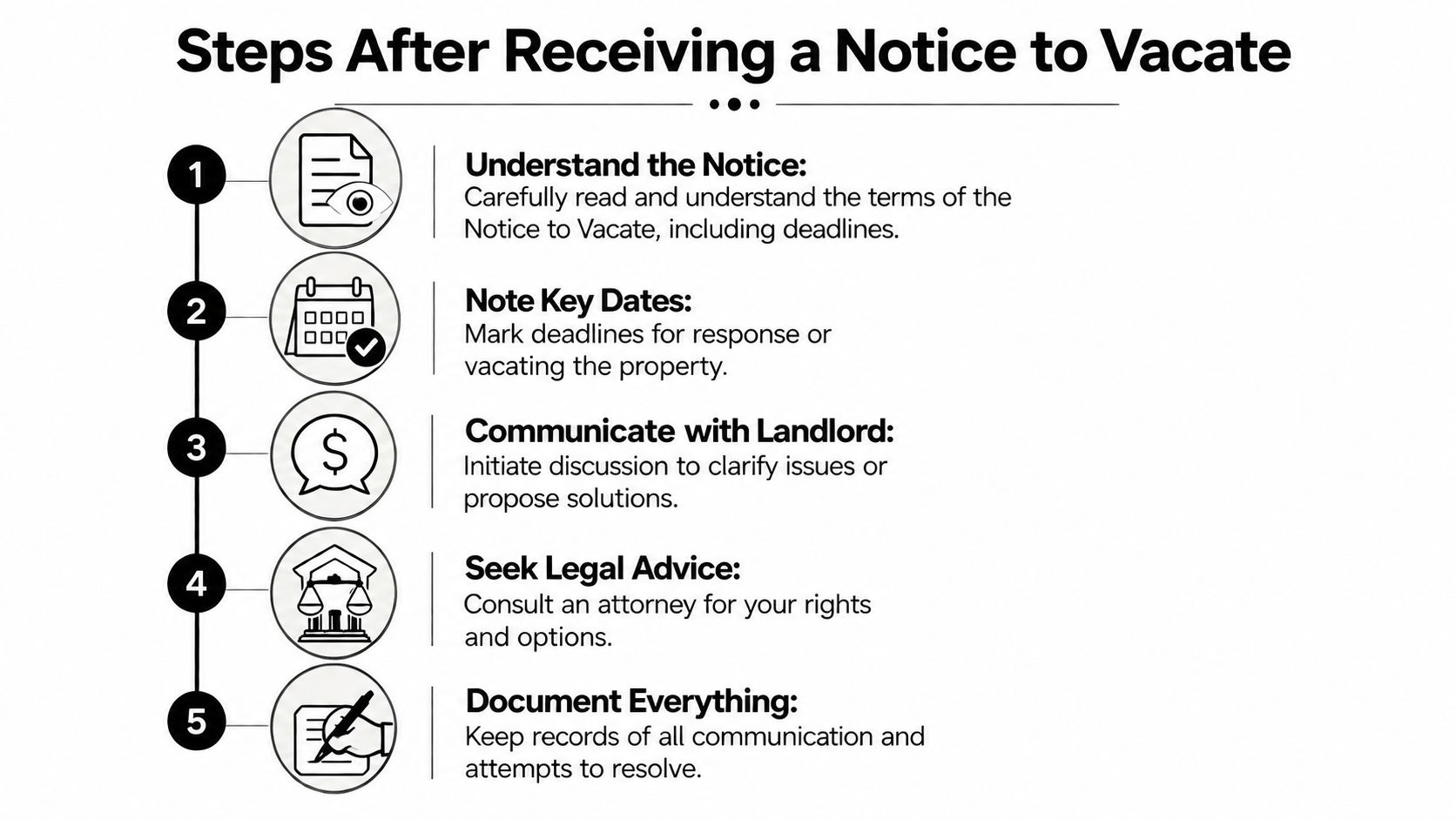 A numbered list detailing five important steps to follow after receiving a formal notice to vacate.