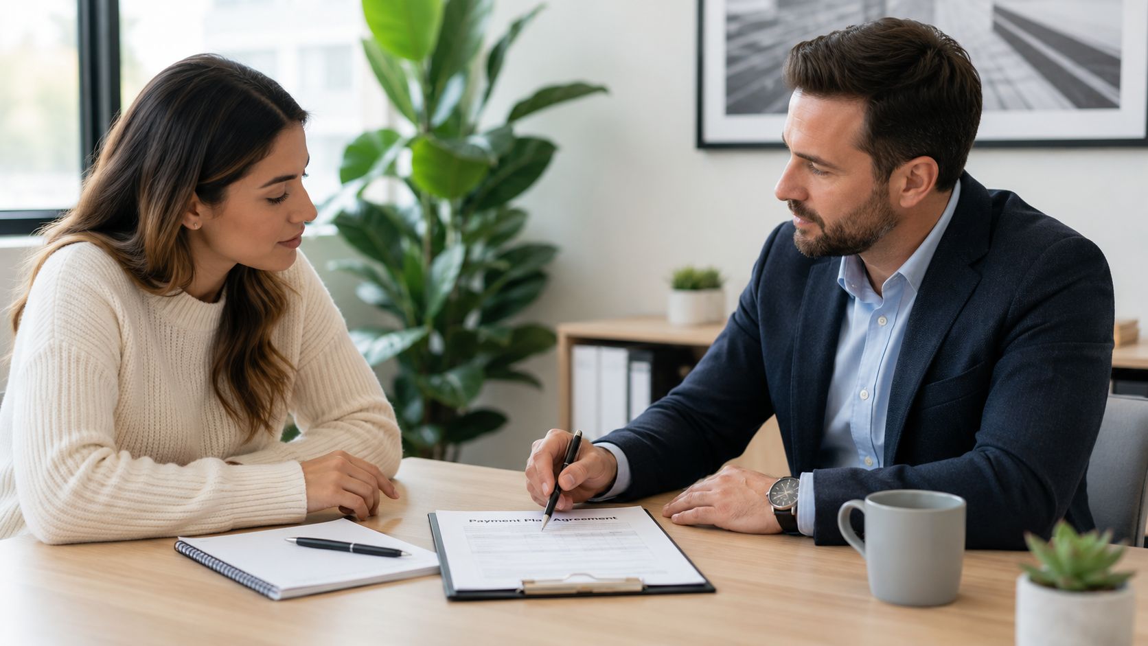 A professional financial advisor explains a payment plan agreement document to a client during a meeting.