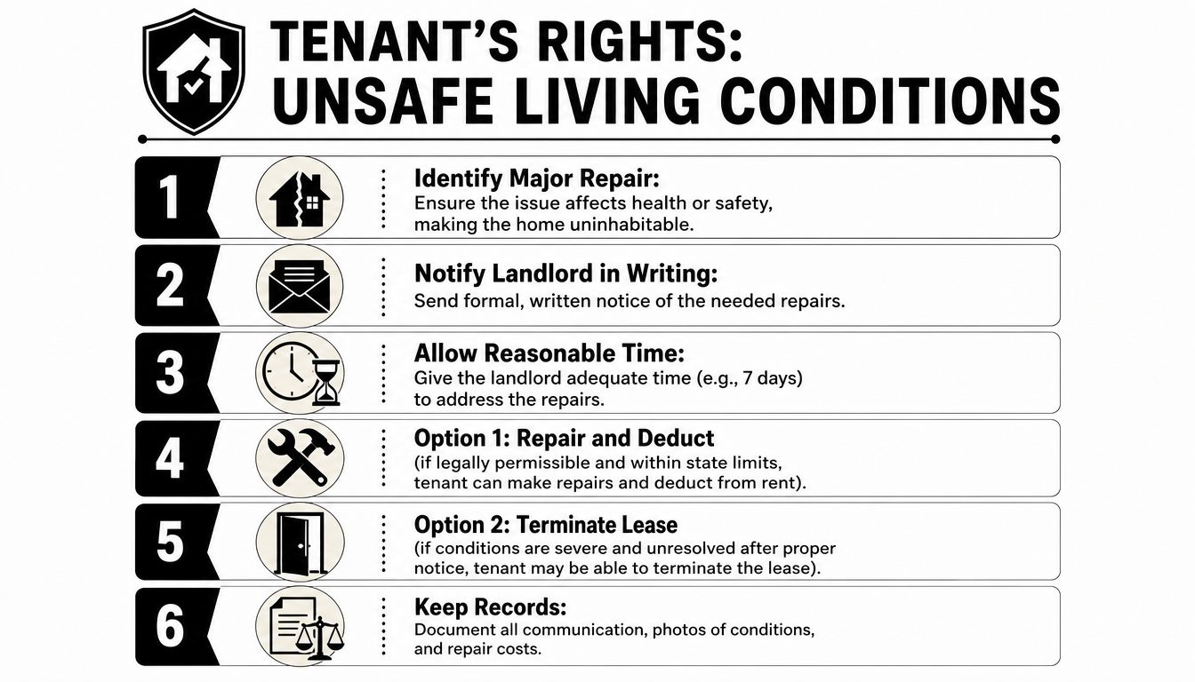 A step-by-step guide on tenant rights regarding unsafe living conditions, including reporting repairs and legal options.