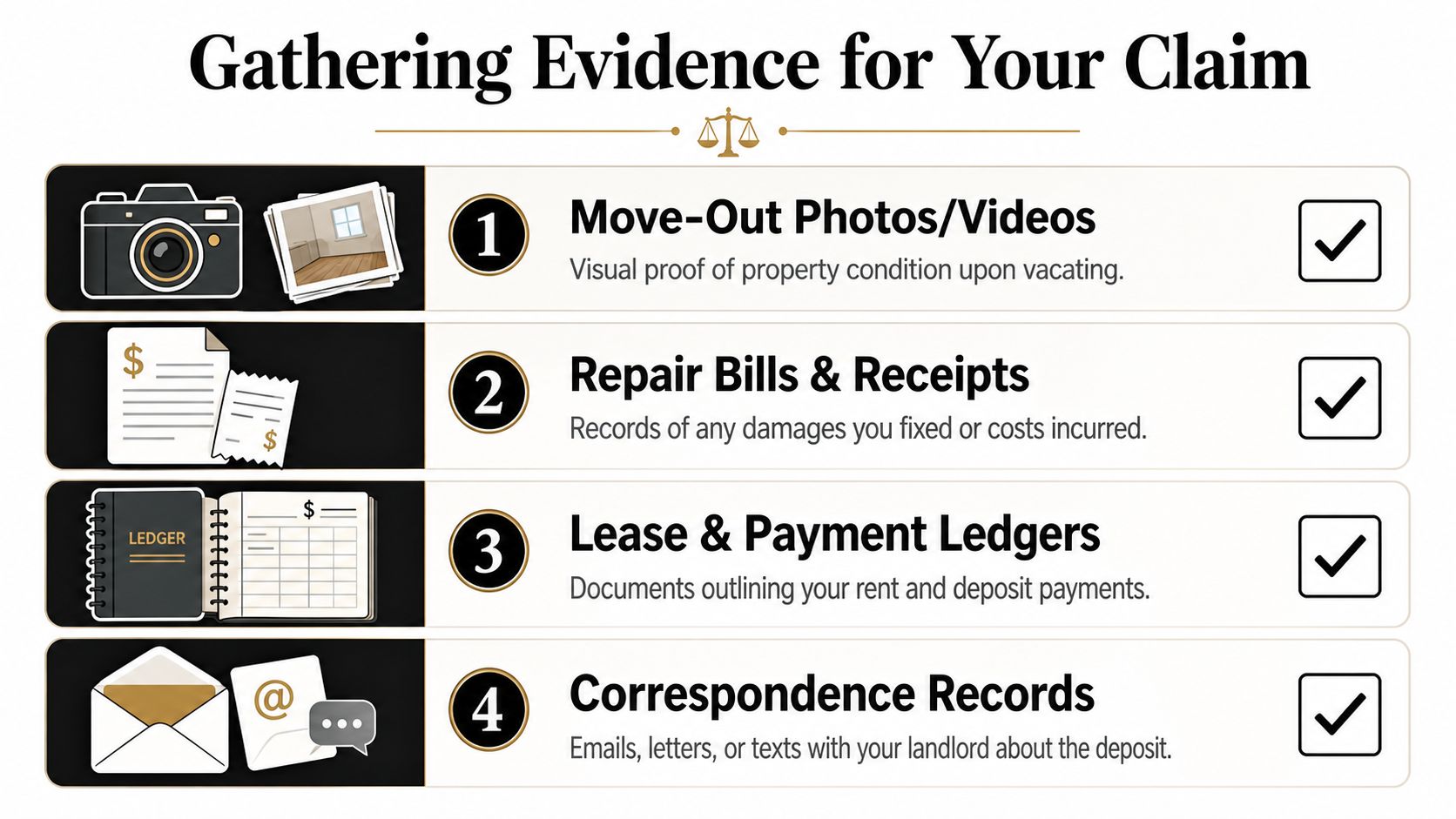 An infographic detailing four types of evidence to gather when claiming a rental security deposit back.
