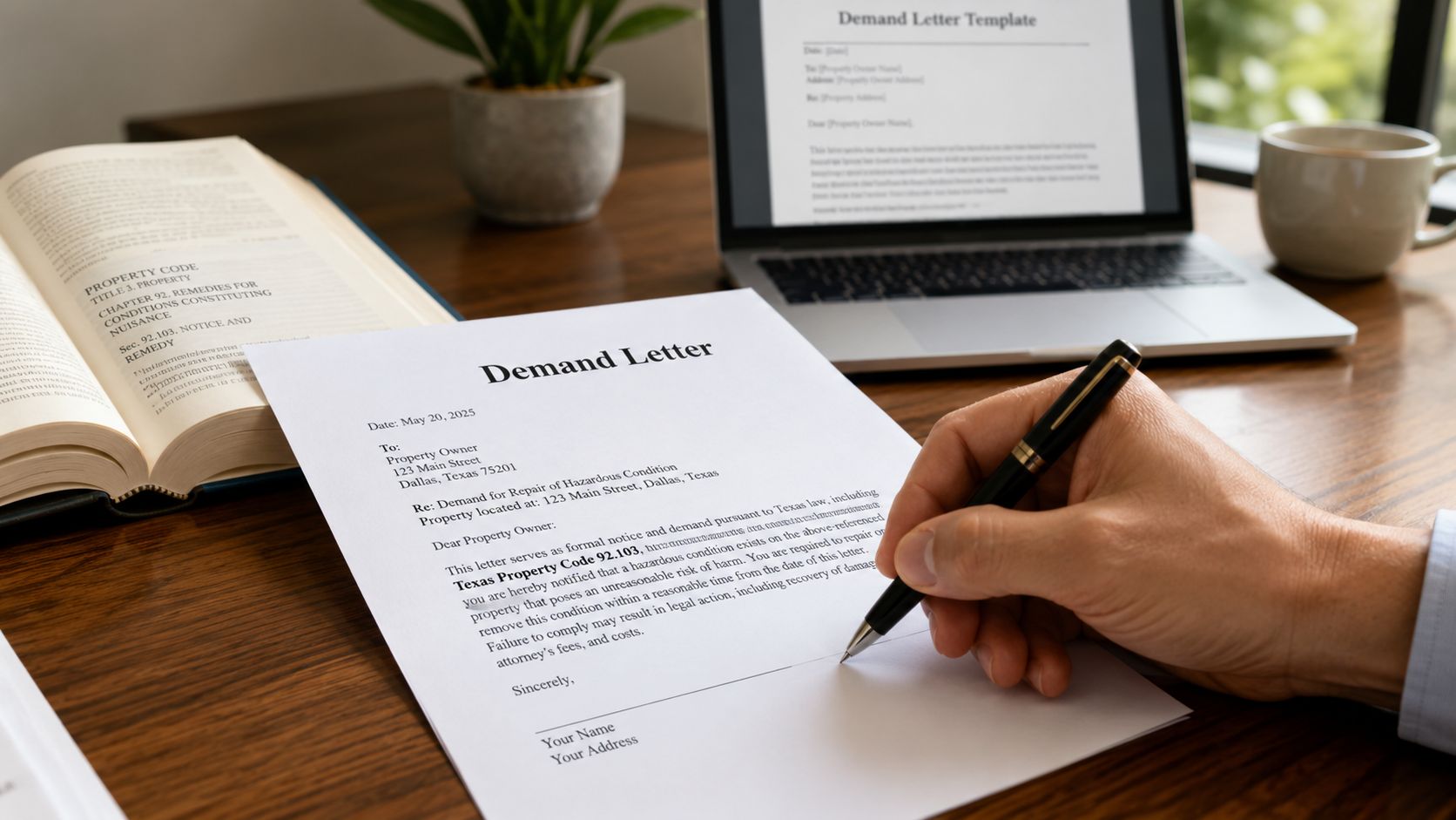 A person signing a formal demand letter regarding hazardous property conditions on a wooden office desk.