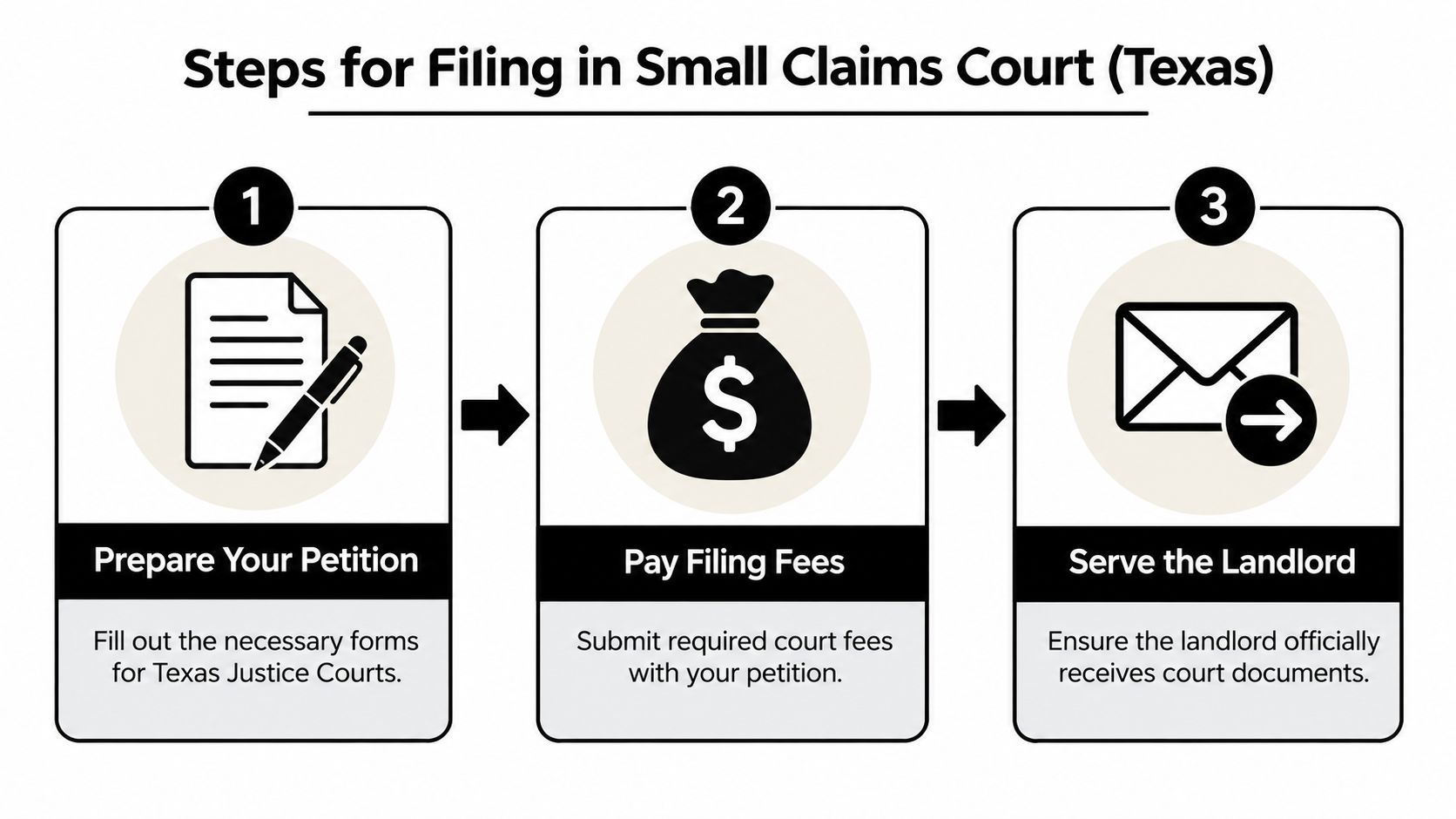 A three-step infographic showing the legal process for filing a small claims court petition in Texas.