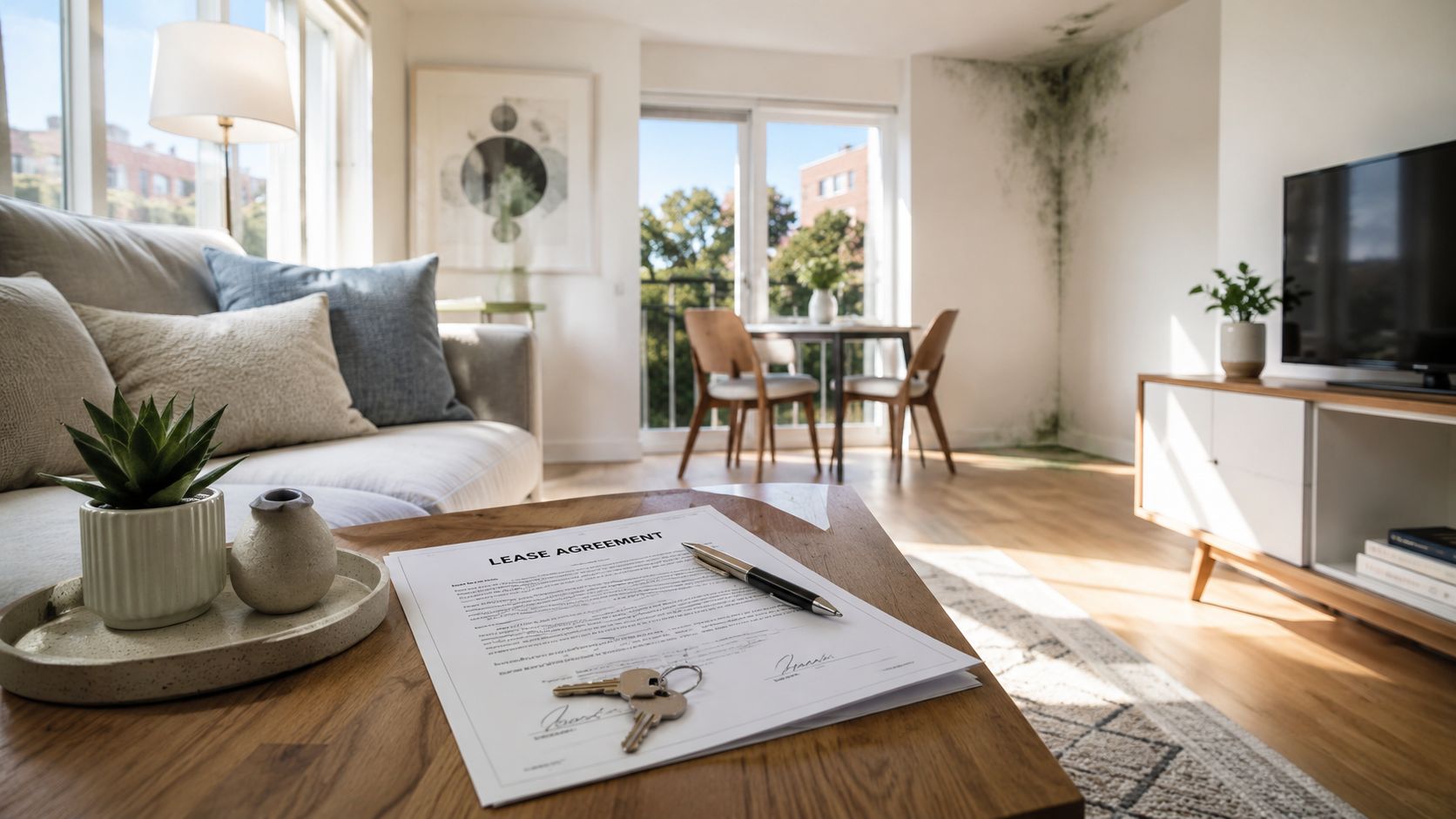A lease agreement and house keys on a wooden table inside an apartment with visible mold damage.