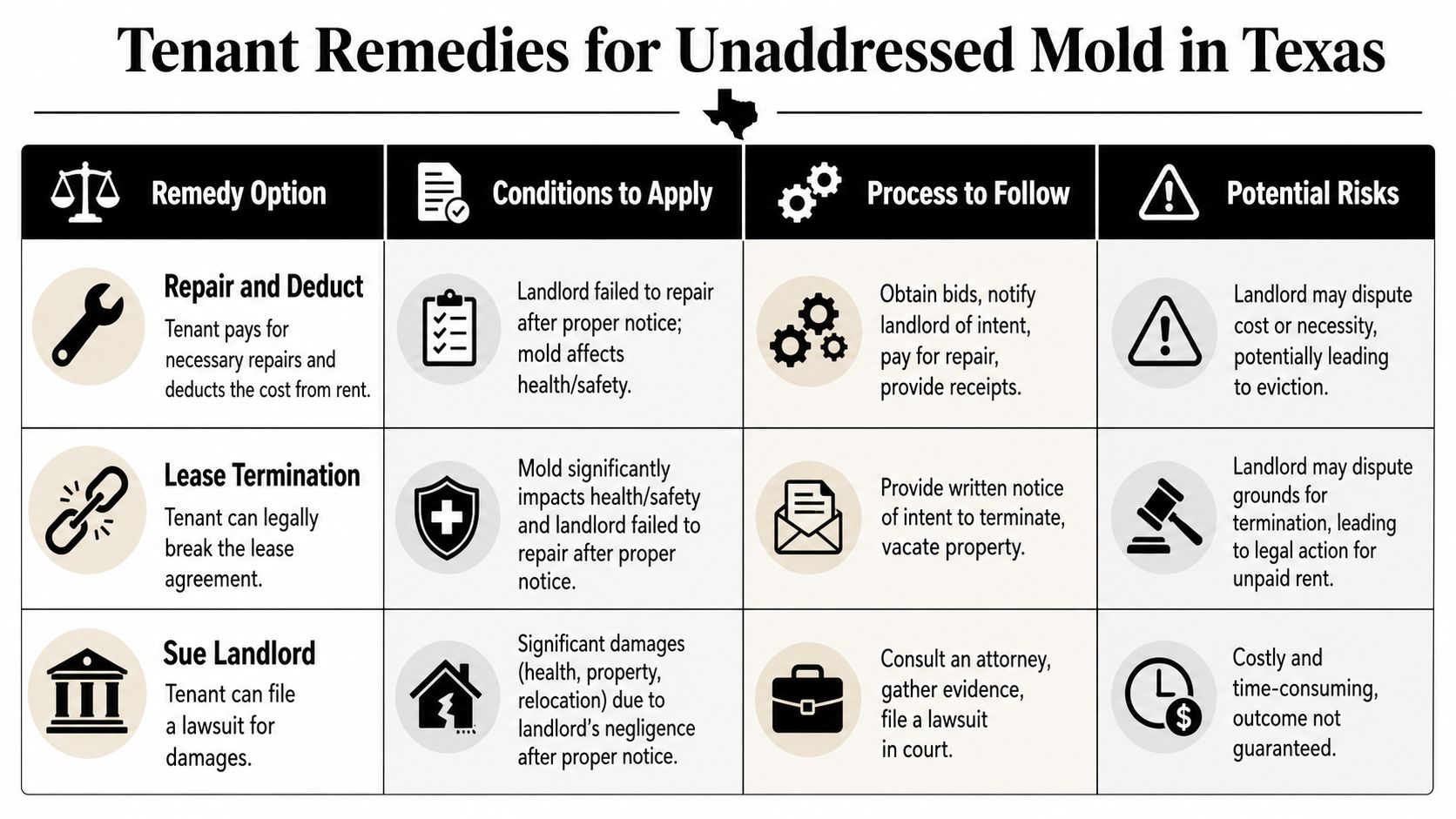 A chart detailing Texas tenant legal remedies for unaddressed mold issues, including repair, termination, and lawsuit options.