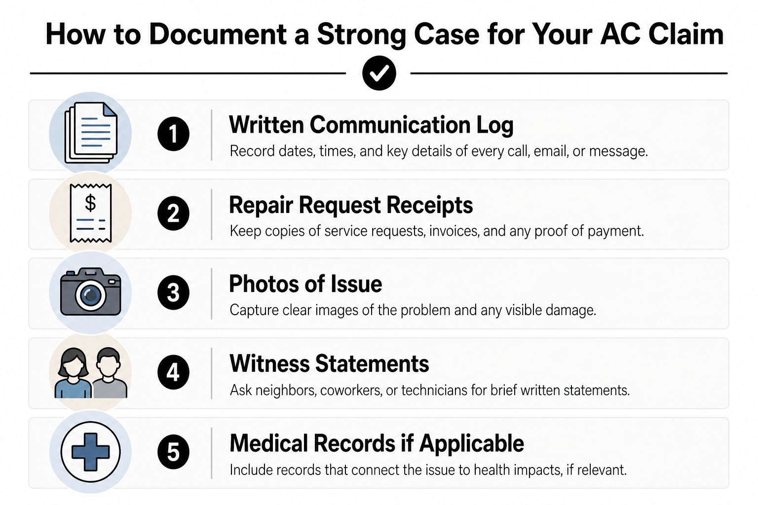 An infographic titled How to Document a Strong Case for Your AC Claim outlining five essential steps.