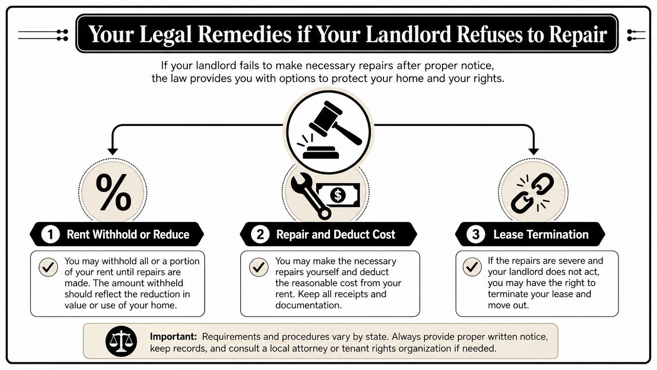 An infographic showing three legal options for renters if a landlord refuses to make necessary repairs.