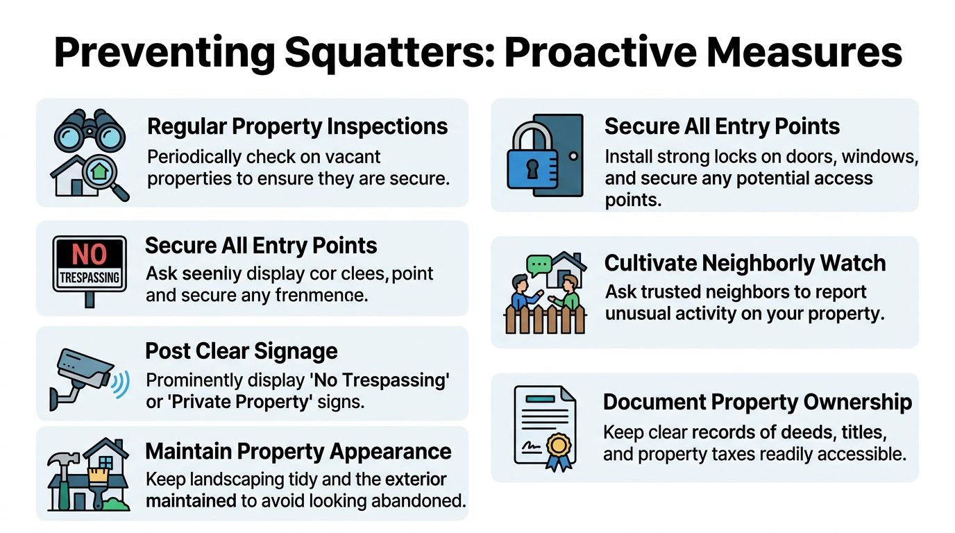 An infographic detailing proactive measures to prevent squatters from occupying vacant residential or commercial properties.