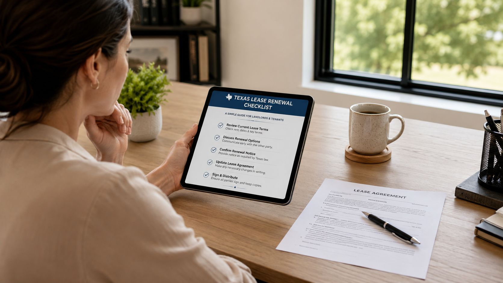 A woman reviewing a Texas lease renewal checklist on a digital tablet at a wooden desk.