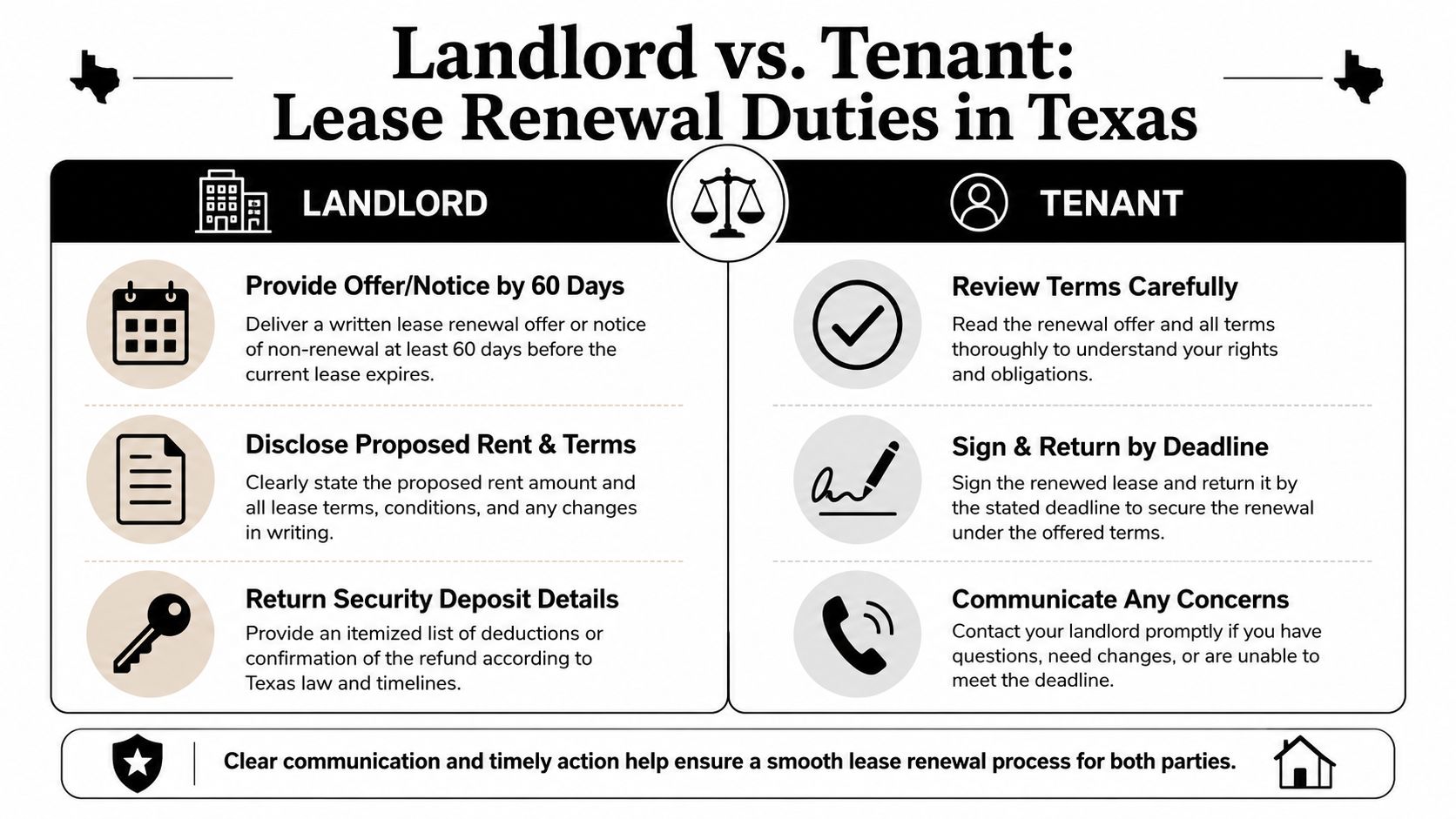 An infographic detailing landlord and tenant lease renewal duties and responsibilities under Texas state law.