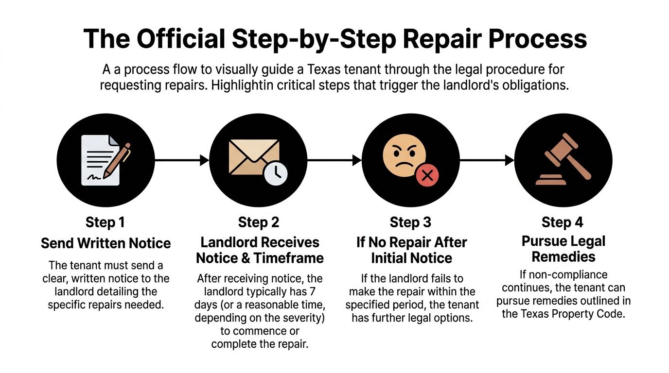 A process flow chart illustrating the four-step legal procedure for Texas tenants to request property repairs.