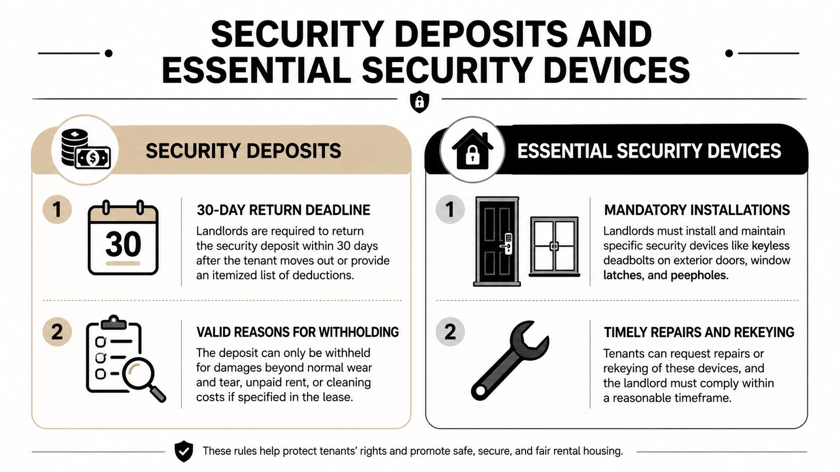 An infographic detailing tenant rights regarding security deposits and essential security devices in rental properties.