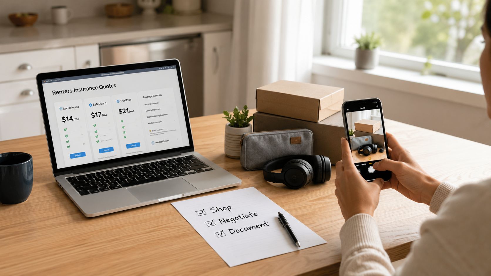 A person using a laptop to compare renters insurance quotes while documenting belongings for their move.