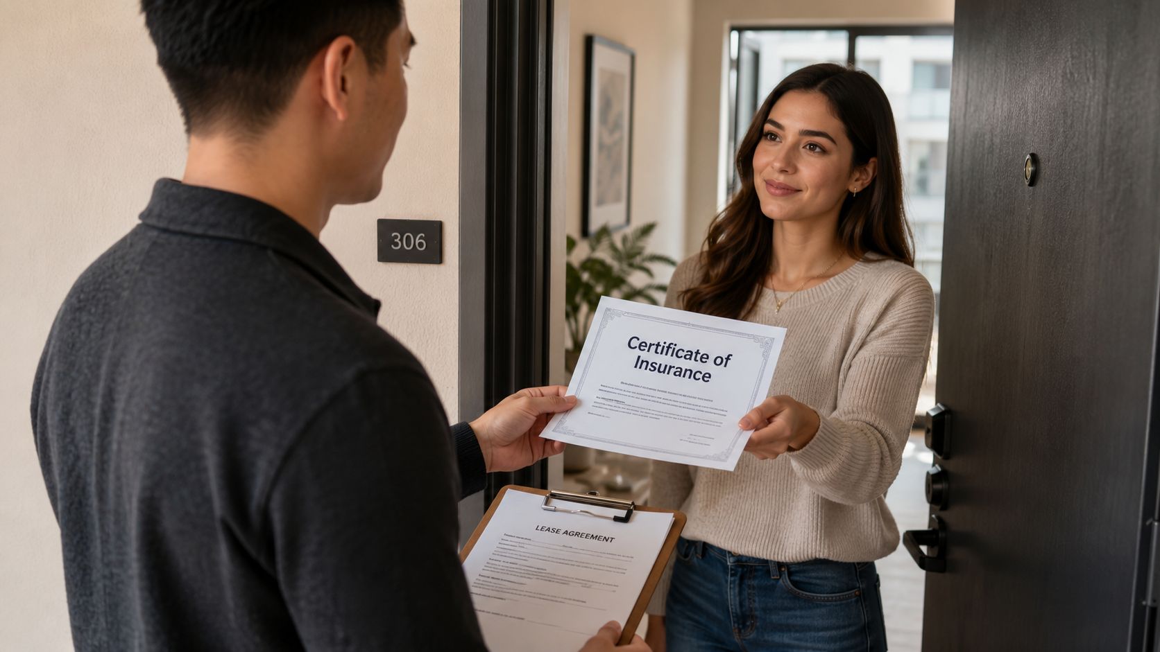 A woman handing a renter's insurance document to a property manager at an apartment doorway.