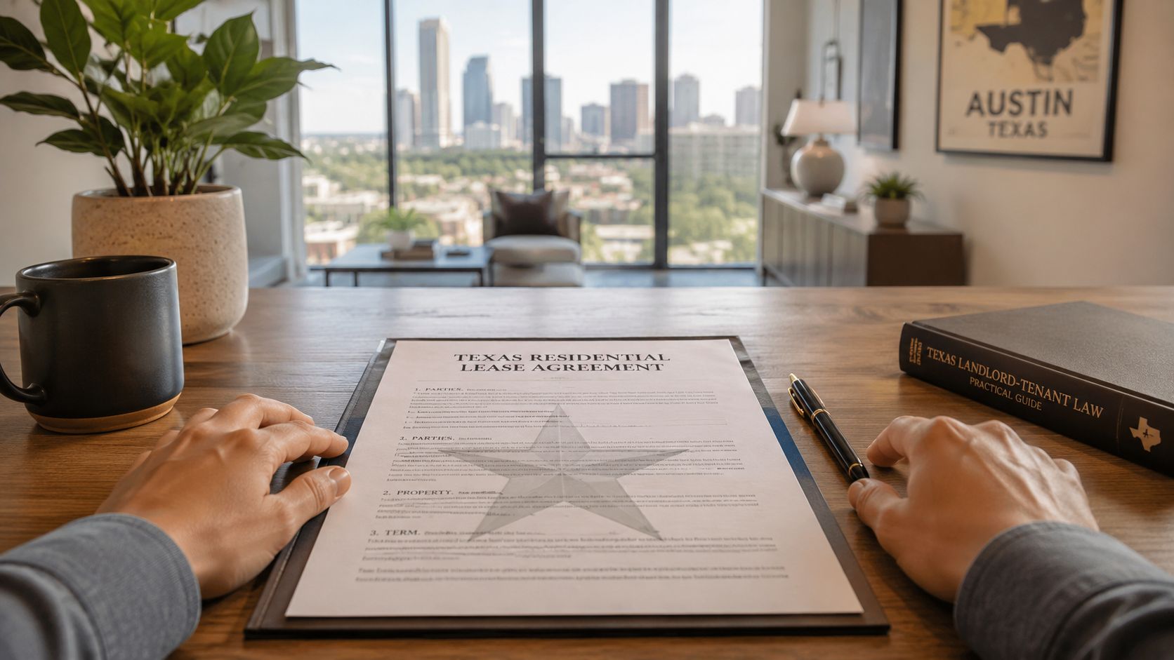 A person reviews a Texas residential lease agreement at a desk with a cityscape in the background.