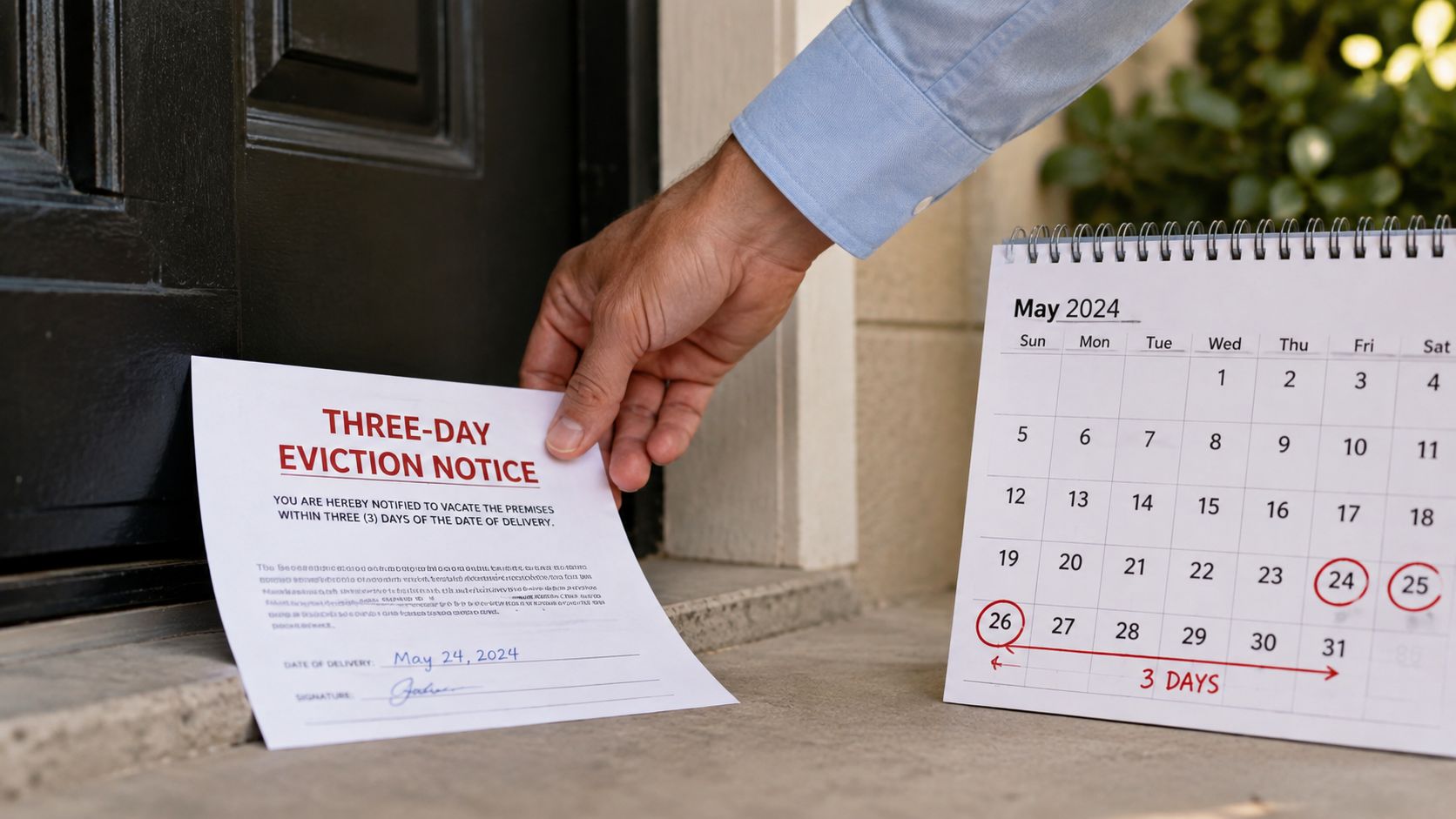 A hand placing a three-day eviction notice on a doorstep beside a calendar marked for May 2024.
