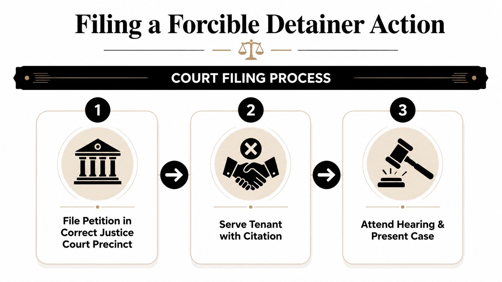 A three-step infographic detailing the legal court filing process for a forcible detainer action in Texas.