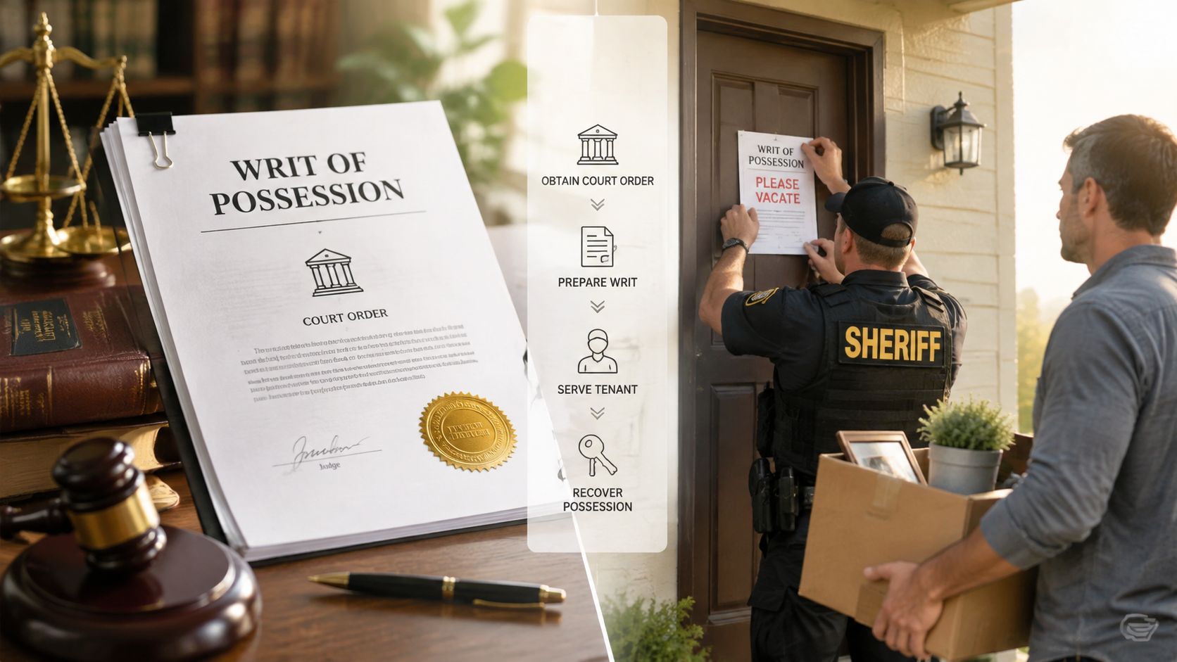 A sheriff serves a Writ of Possession on a residential door while a person holds moving boxes.
