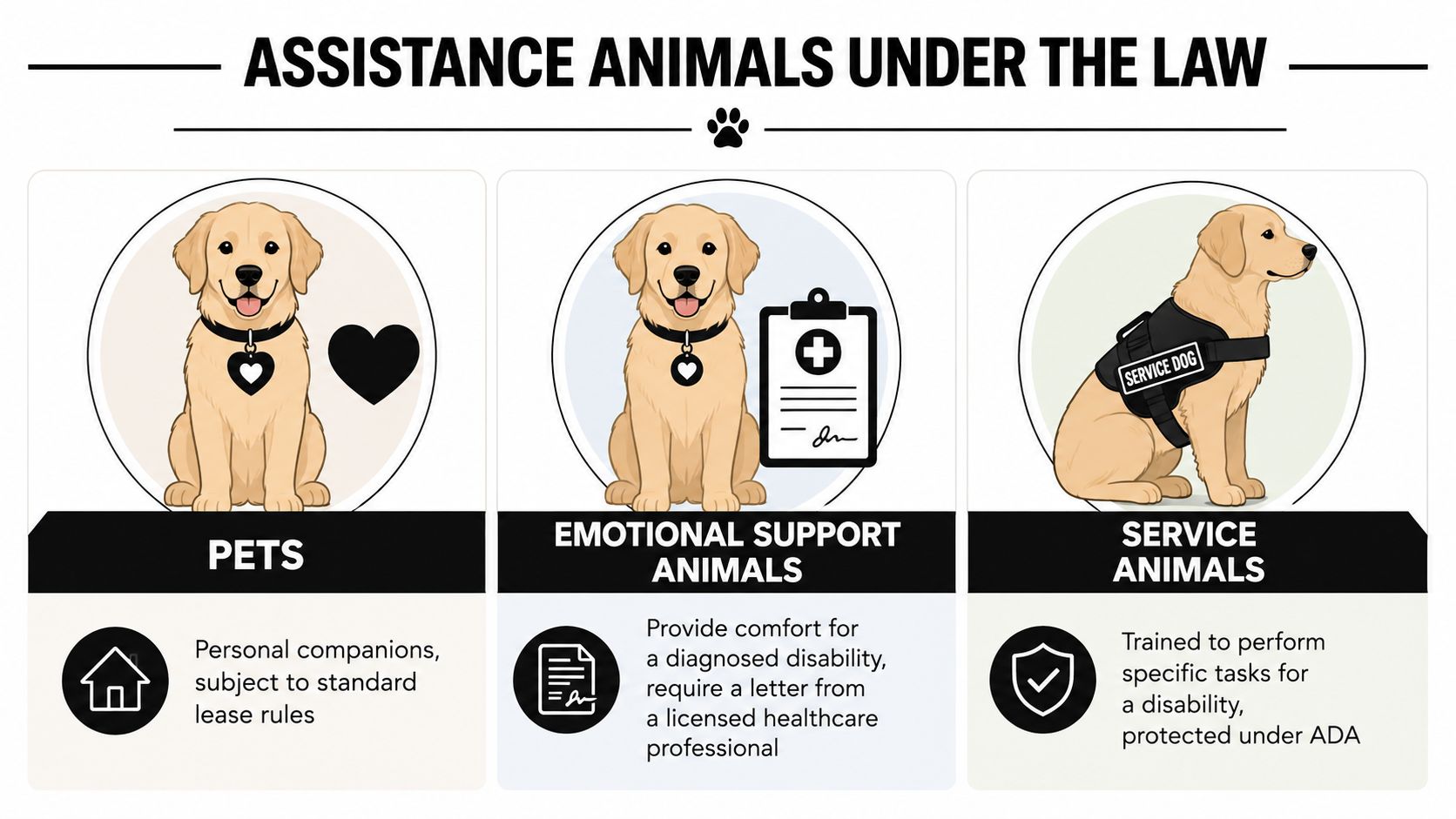 An infographic distinguishing between pets, emotional support animals, and service animals under legal definitions.