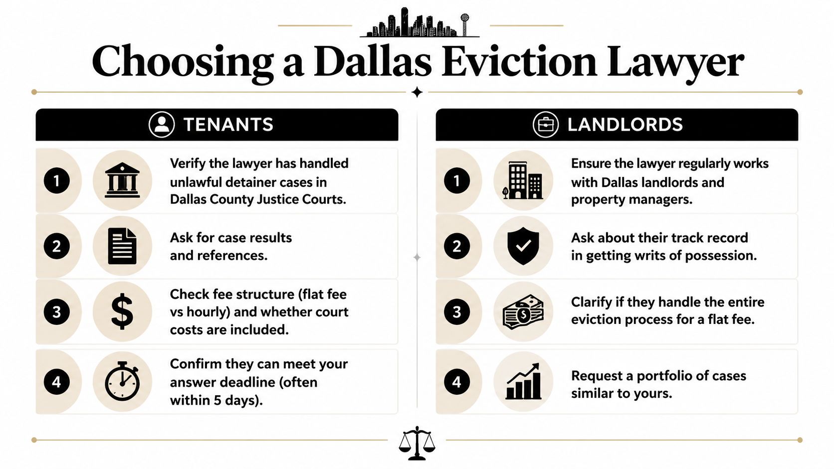 A helpful guide infographic for choosing an eviction lawyer in Dallas for both tenants and landlords.