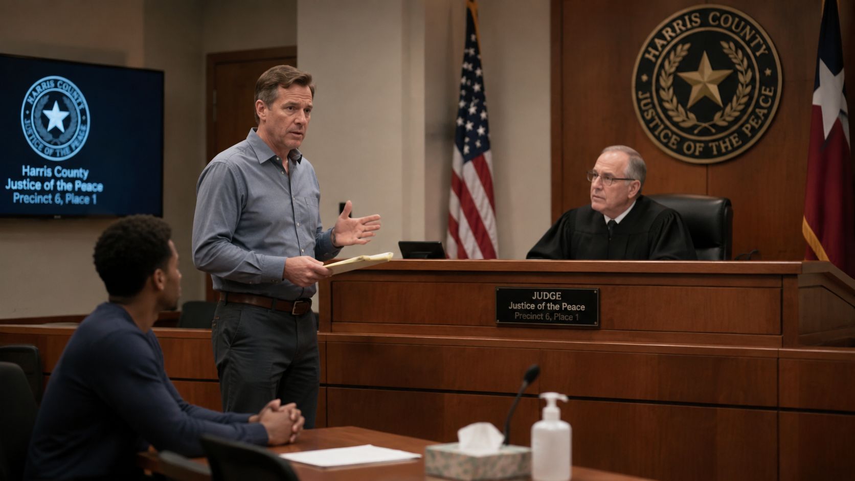 A courtroom scene with an eviction lawyer presenting legal documents to a judge in Harris County, Texas.