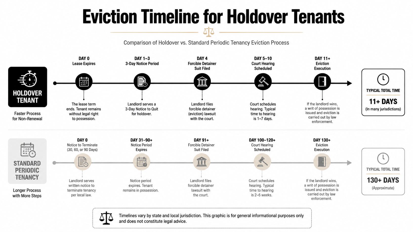 An infographic comparing the eviction timelines for holdover tenants versus standard periodic tenancies in the legal system.