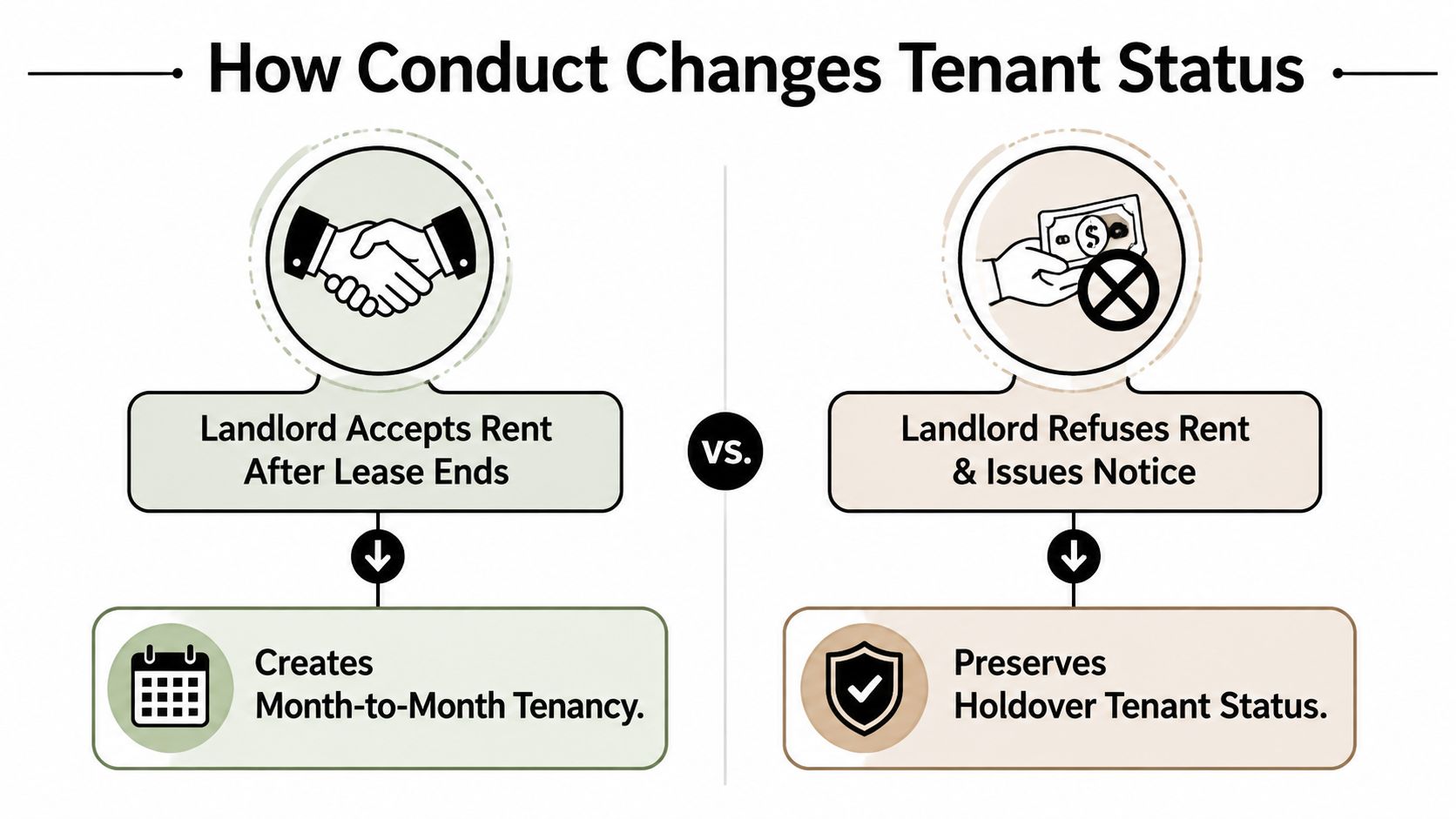 An infographic comparing how landlord conduct regarding rent payments after a lease ends affects tenant status.