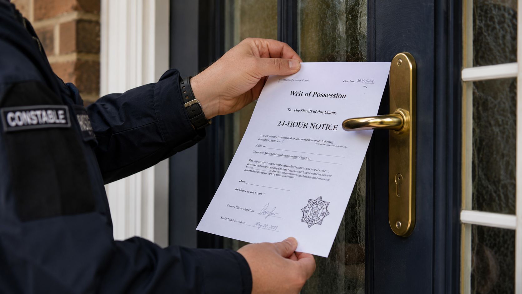 A law enforcement constable holding a 24-hour eviction notice document on a residential front door.