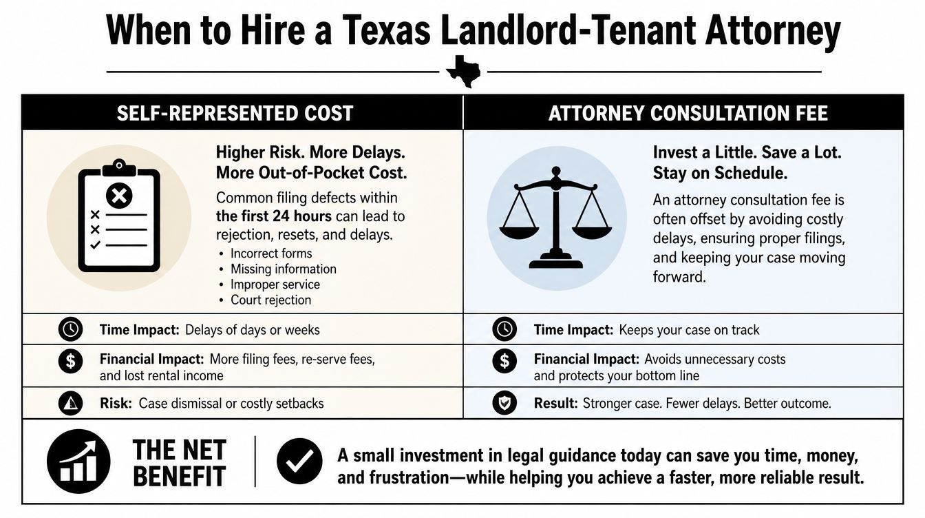 A comparison infographic showing the benefits of hiring a Texas landlord-tenant attorney versus self-representation.