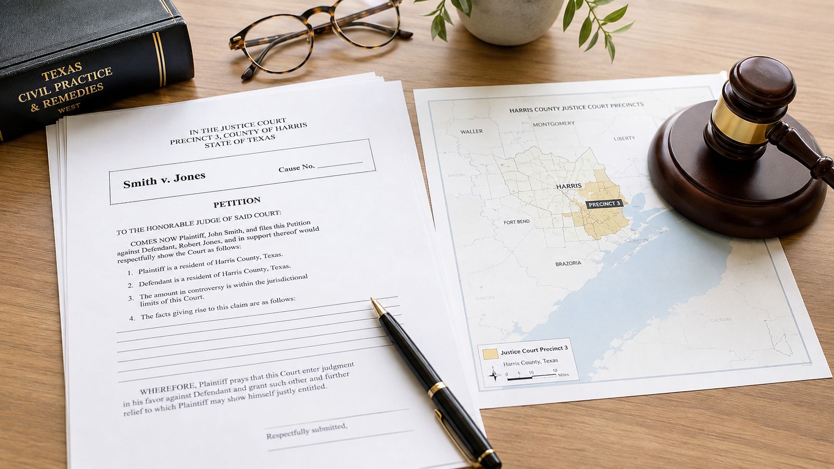 A legal petition document for Smith v. Jones, a gavel, and a Harris County precinct map.