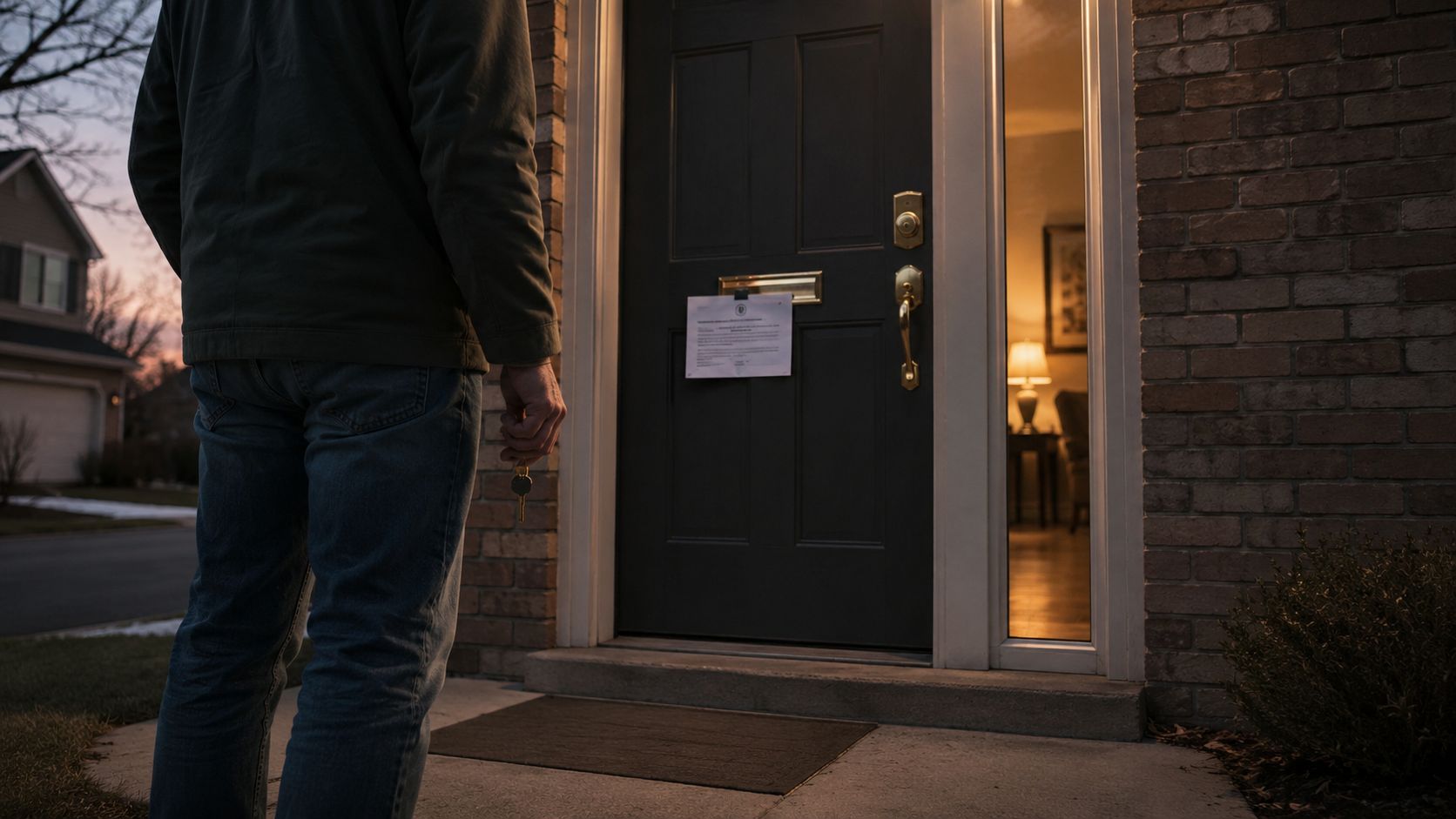 A person standing before a front door with a lockout notice posted on the dark entry.