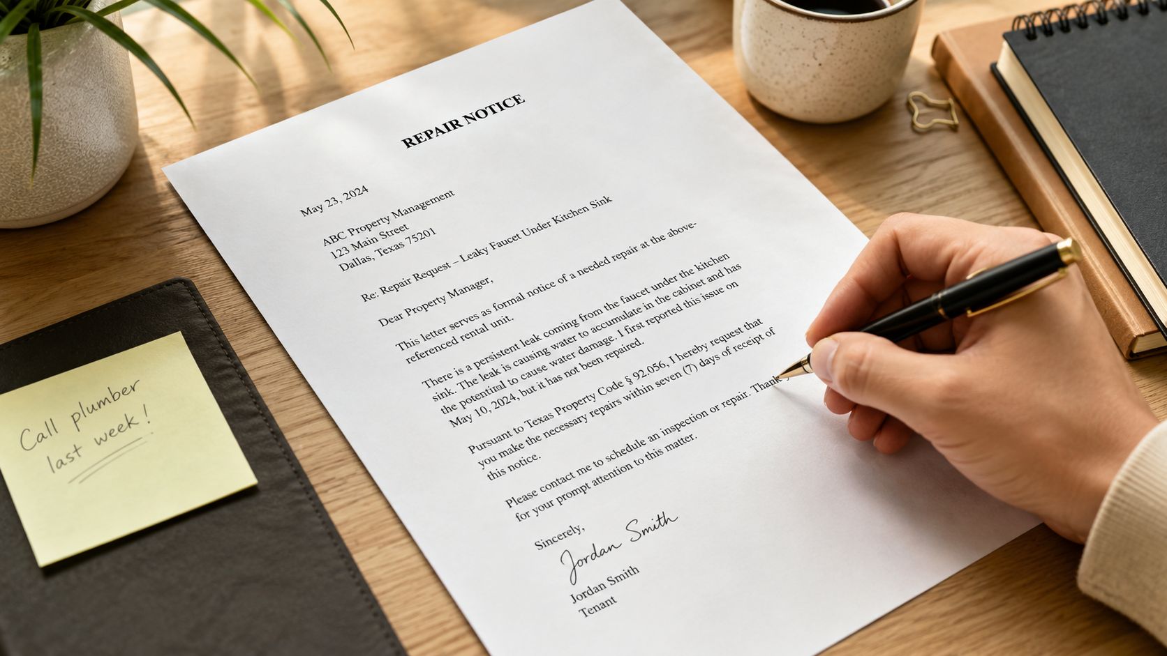 A tenant writing a formal repair notice letter to their property manager regarding a leaking kitchen sink.