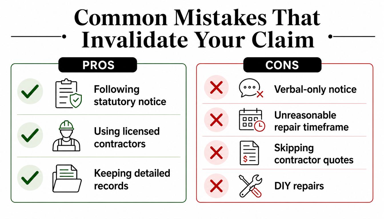 An infographic titled Common Mistakes That Invalidate Your Claim, comparing pros and cons for property repairs.