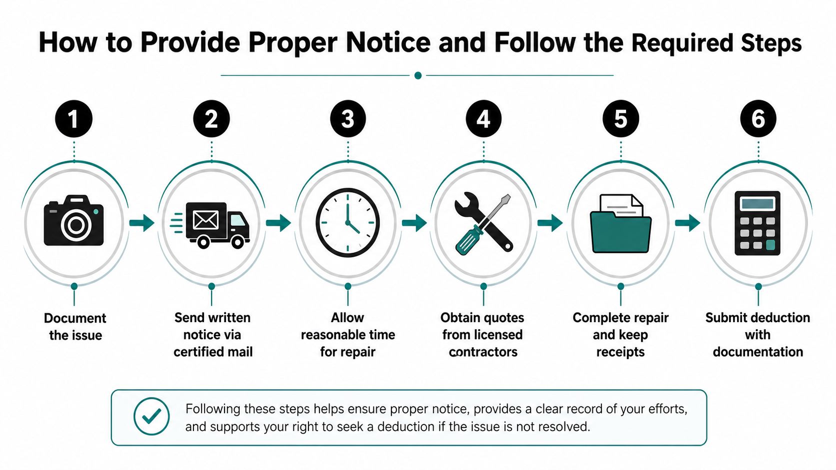 A six-step infographic showing how to properly notify a landlord and follow repair and deduct procedures.
