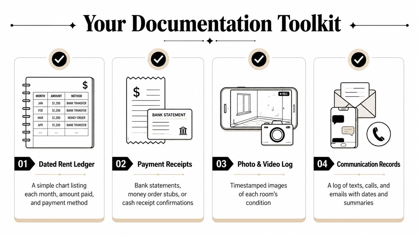 An infographic titled Your Documentation Toolkit showing four essential types of records for tenants including rent ledgers and receipts.