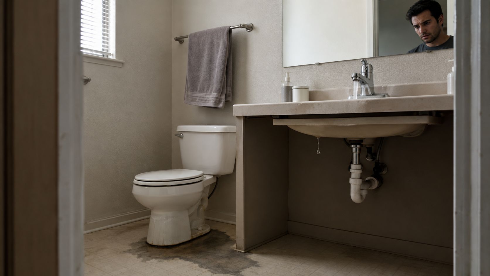 A concerned man looking at water leaking from a bathroom sink onto the stained floor below.