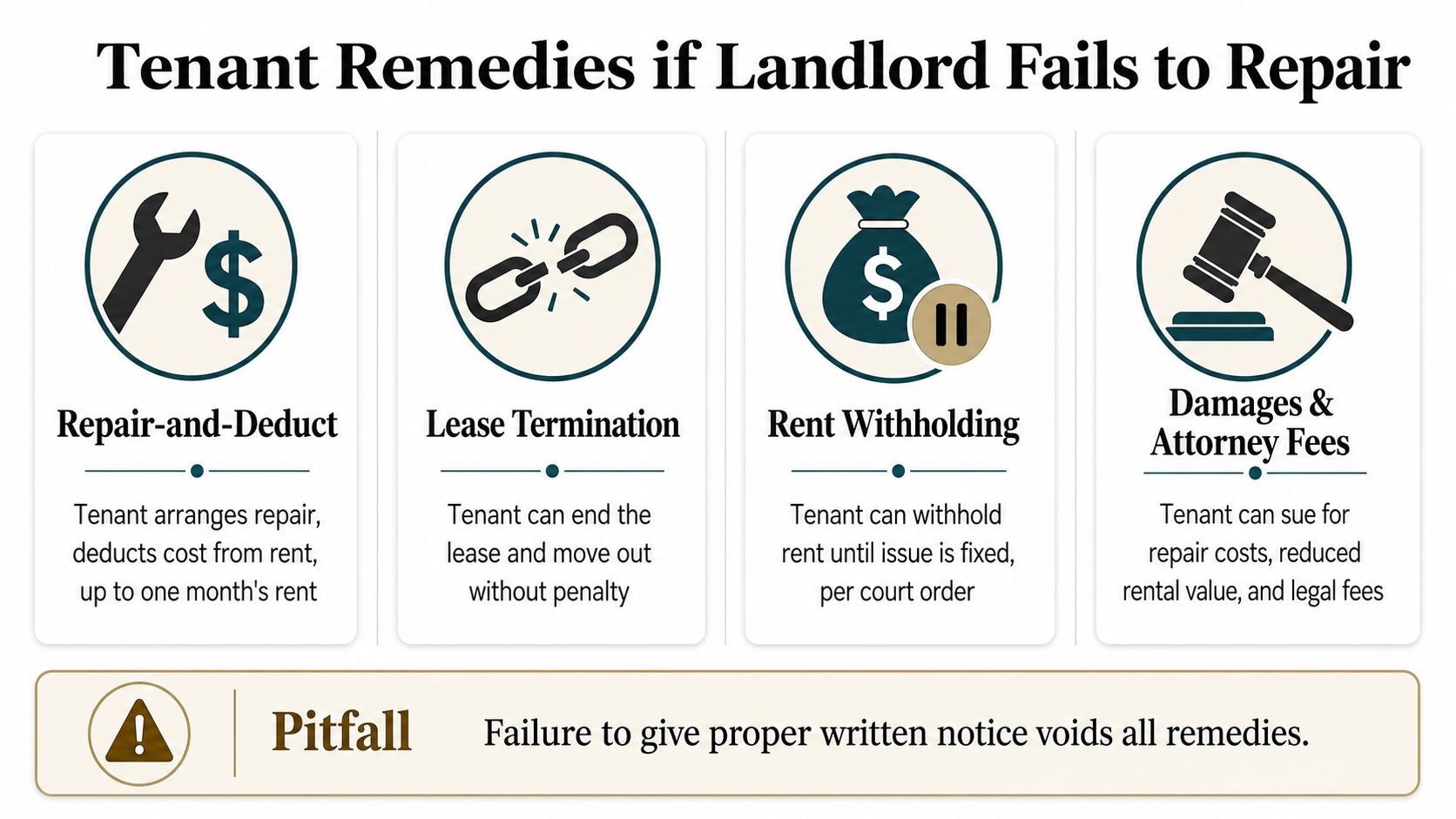 An infographic outlining four legal remedies for tenants when a landlord fails to perform necessary repairs.