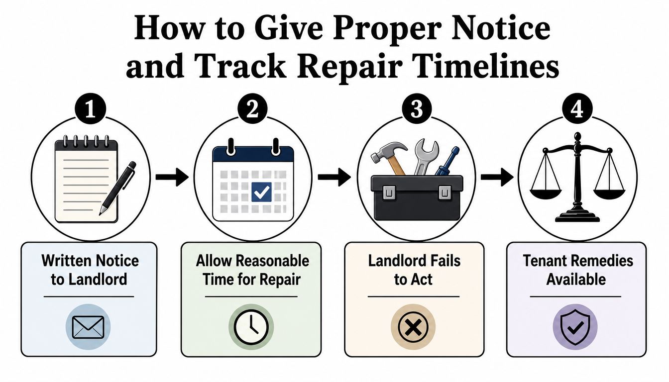 A four-step infographic illustrating the process for tenants to give proper notice for necessary repairs.