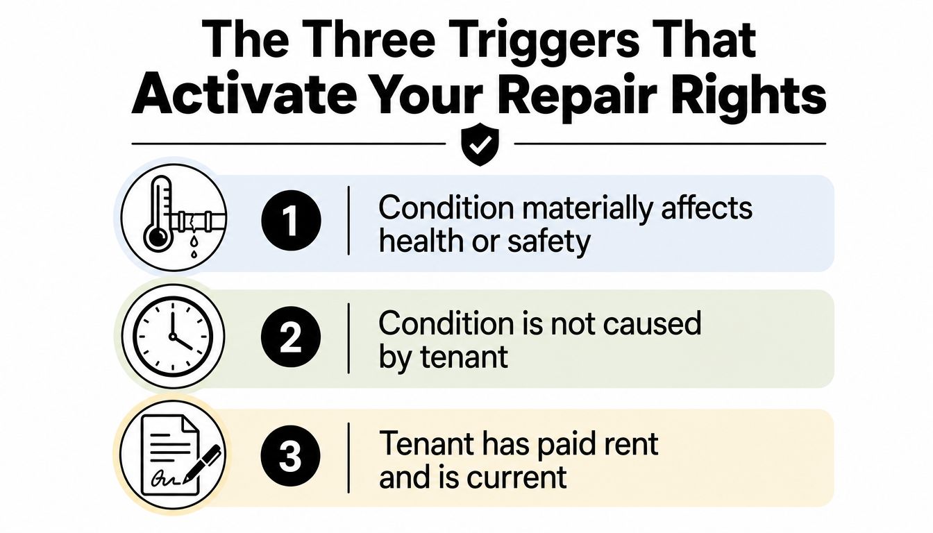 An infographic titled The Three Triggers That Activate Your Repair Rights listing three specific rental conditions.
