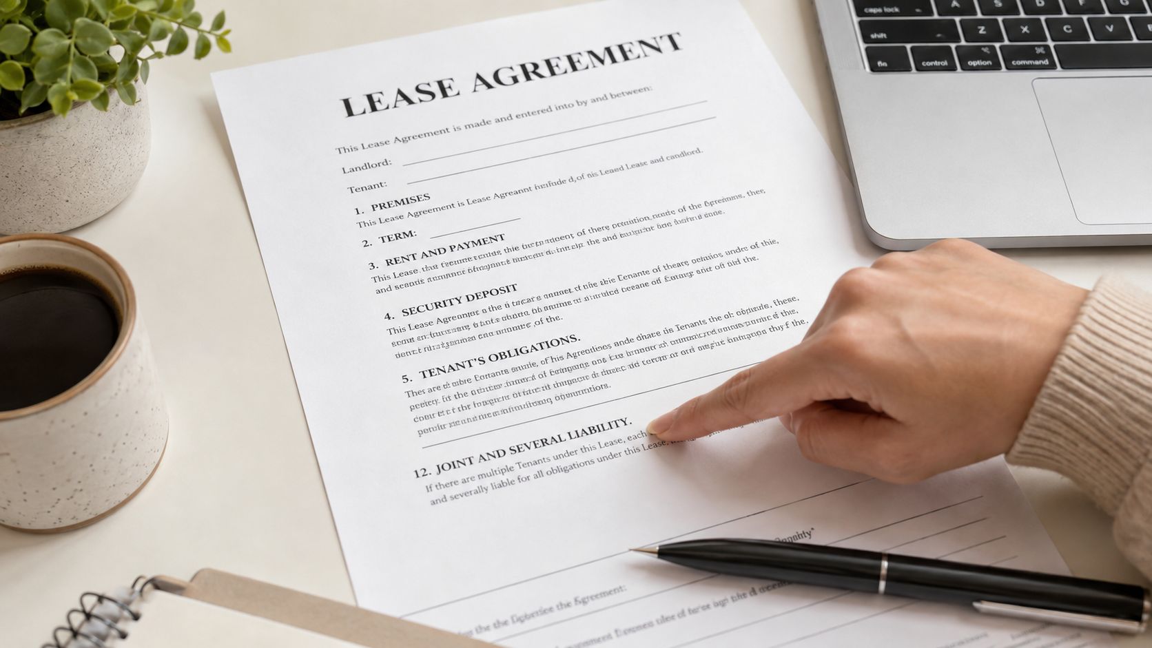 A person pointing to a lease agreement document about joint and several liability while sitting at a desk.
