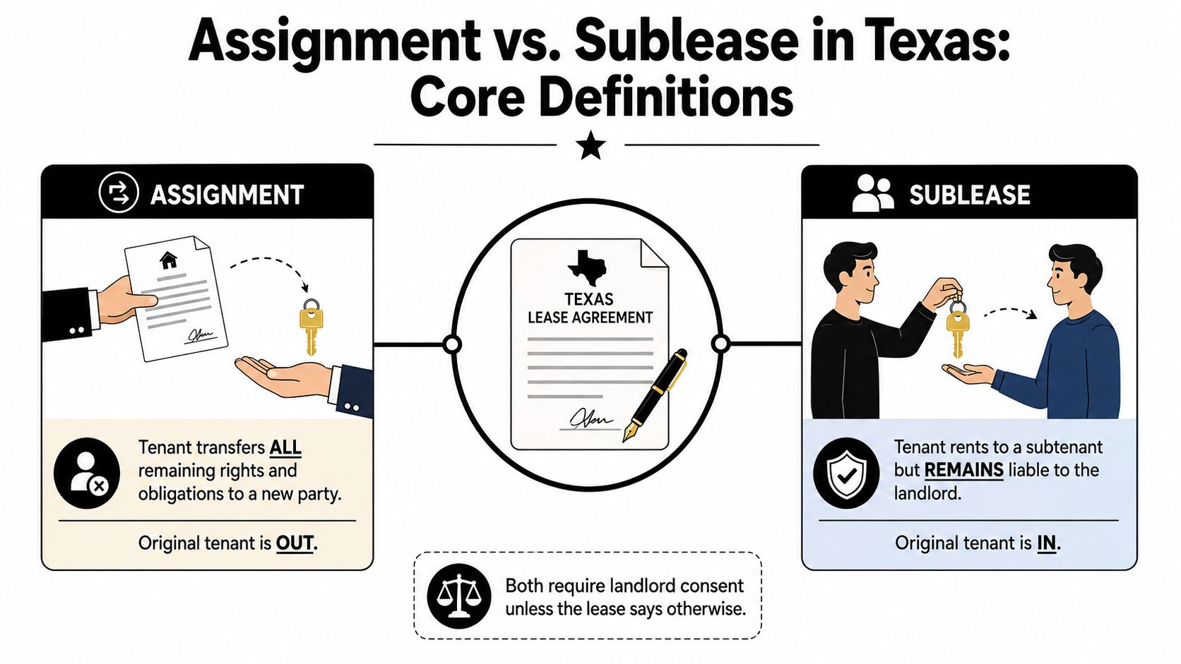 An infographic illustrating the difference between lease assignment and sublease in Texas, comparing tenant responsibilities and rights.