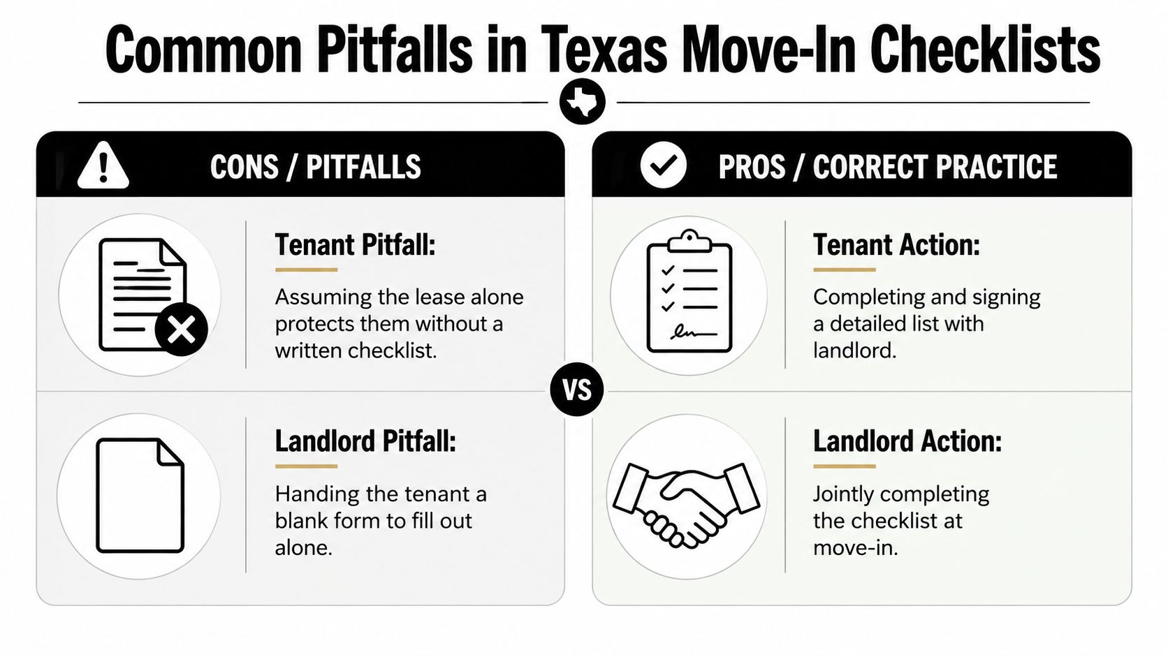 A comparison chart showing common pitfalls versus correct practices for Texas move-in inspection checklists.