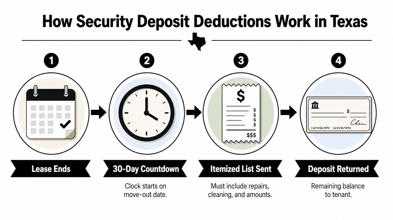 An infographic showing the four steps of security deposit deductions for tenants in the state of Texas.