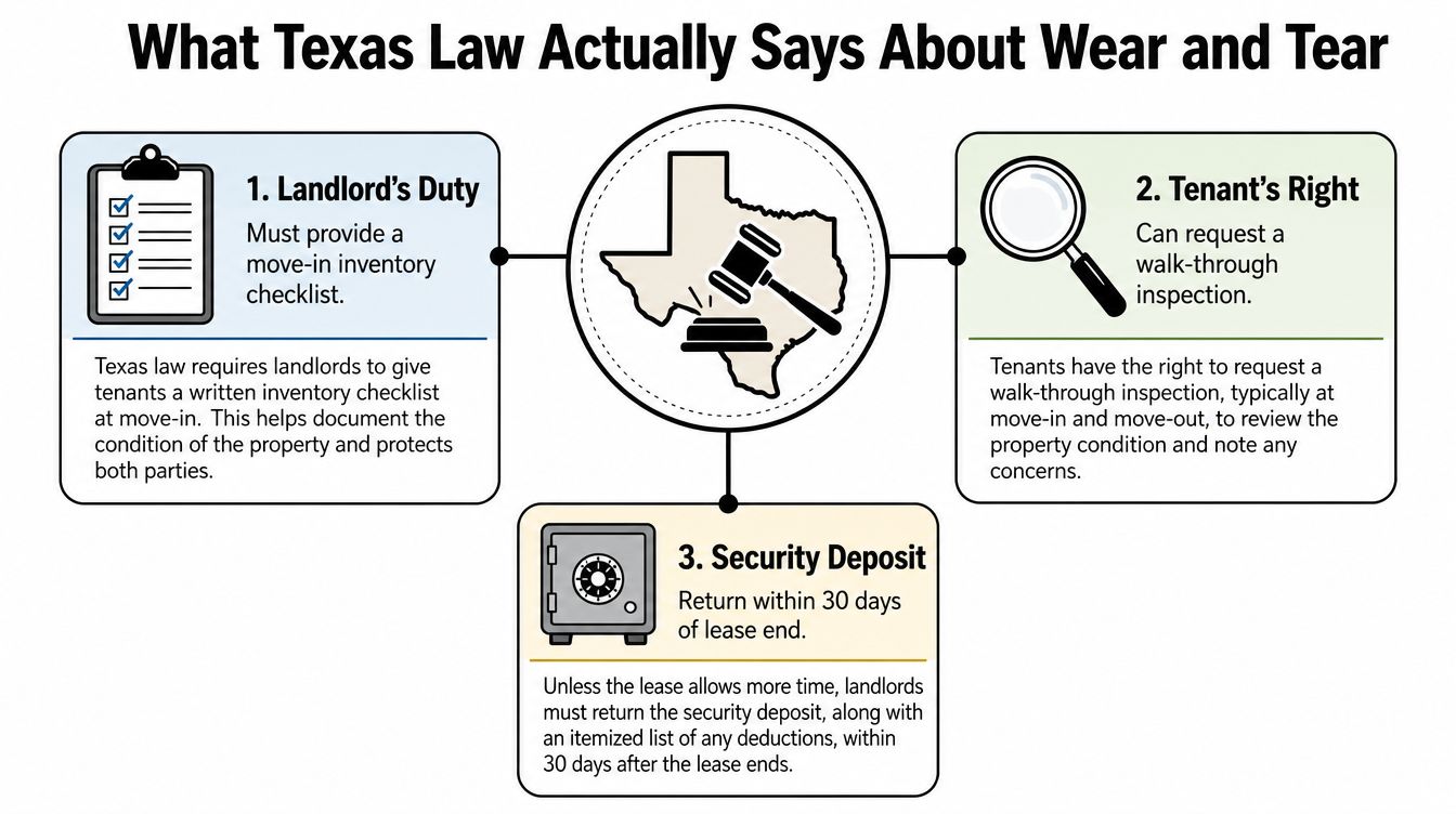 An infographic summarizing Texas laws regarding move-in checklists, walk-through inspections, and security deposit return requirements for tenants.