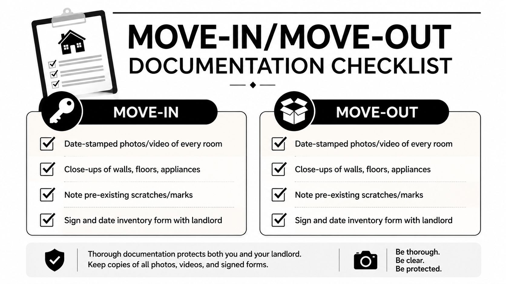 An infographic checklist for move-in and move-out documentation, highlighting steps like taking photos and signing forms.