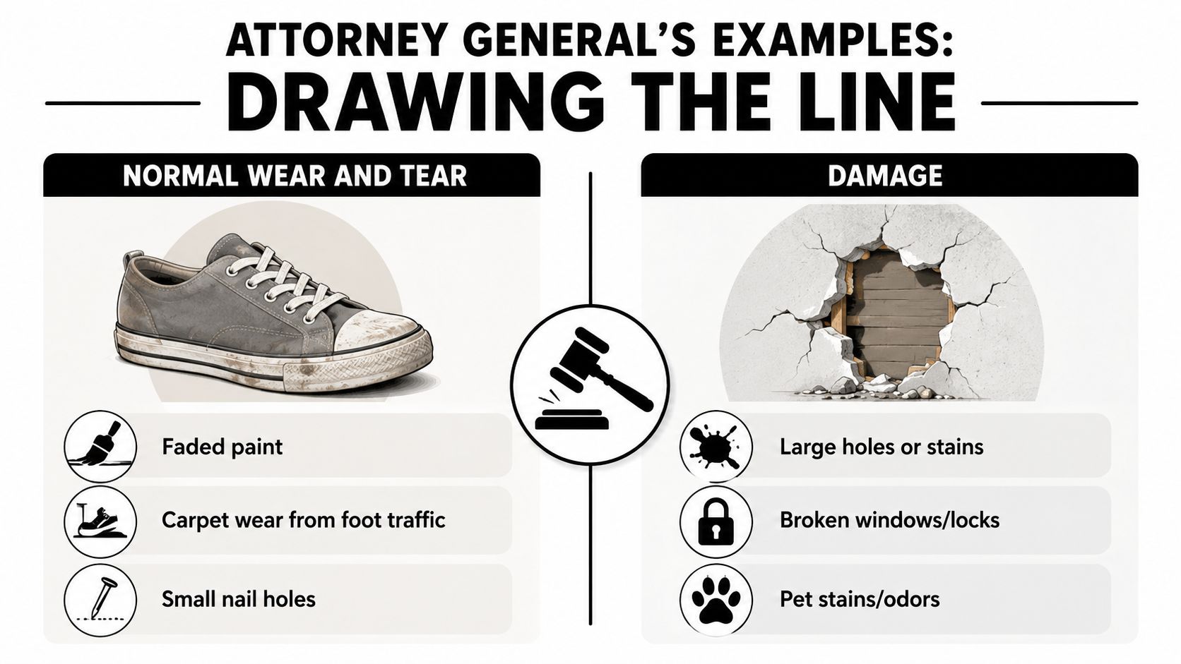 An infographic distinguishing between normal wear and tear versus damage for rental property inspections.