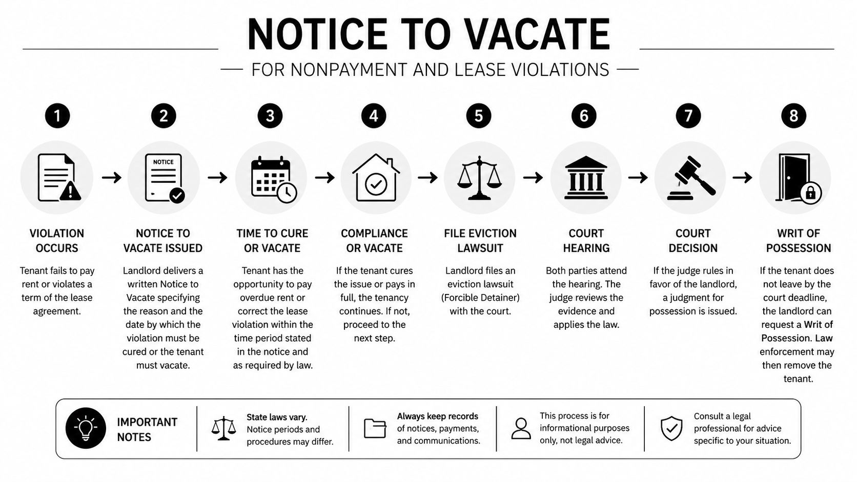 A flowchart infographic illustrating the eight-step legal eviction process for nonpayment and lease violations by tenants.
